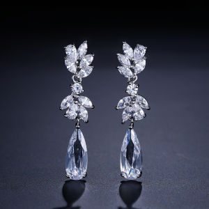 ZAKOL White Zircon Leaf Dangle Earrings for Women Shinny Water Drop Crystal Flower Pendant Earring Bridal Wedding Jewelry