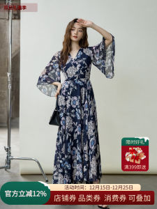 Floral Print Chiffon Long Dress Draped Silken Thin Summer Dress Breathable Comfortable Spring Autumn Season Maxi Gown Vestiaire