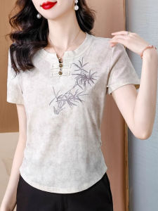 WANGGONGZHU | New Chinese Style Embroidered Short Sleeve T-Shirt Women Summer Fashion Slim Fit Shoulder Line Round Neck Top Princess Style