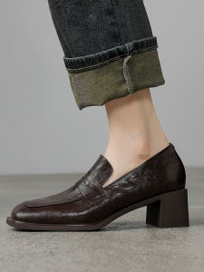 Retro Brown Thick Heel Leather Version Womens Loafers Spring Autumn Square Head Small Leather Shoes British Style High Heels