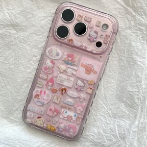 Sanrio | Cute Translucent Pink Hello Kitty Stickers Shockproof Phone Case For iPhone 17 16 15 14 Pro Max Girl Anti Drop Hand Chain Cover