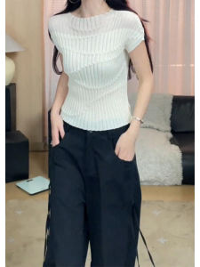 YUEZHONGWEI | Áo thun tay ngắn màu trắng kiểu Pháp cổ đứng thêu ren lụa băng mùa hè nhỏ gọn ôm vừa vặn cổ đứng áo len dệt kim