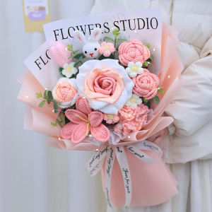 Handmade Birthday Gift Creative Woolen Rose Small Rabbit Tulip Bouquet Handheld Flower Basket for Girlfriend Best Friend