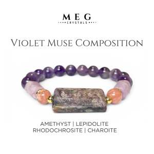 MEG Violet Muse Composition bracelet with amethyst lepidolite rhodochrosite and charoite beads.