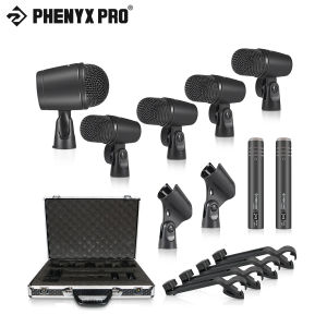 Phenyx Pro PTD-10 7-Piece Drum Instrument Microphone Kit All Metal Wired Dynamic Cardioid Mic Set for Bass/Tom/Snare/Hi-hat Cymbals Comes with Carrying Case + Mic Holder + Thread Clip