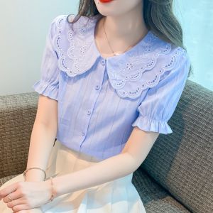 Fashionable Pure Cotton Short Sleeve Doll Collar Shirt for Women Summer 2023 Straight Cut Commute Style Single Button Detail
