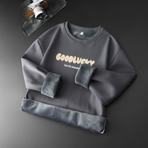 ROMON | Romon Mens Fleece Lined Hoodie Casual Long Sleeve Round Neck Thermal Top For Autumn Winter Spring Fashion Urban Loose Fit T-shirt