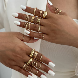 SHIXIN 24Pcs/Set Trendy Irregular Geometry Open Ring for Women Punk Metal Gold Color Stackable Adjustable Ring Set Party Jewelry