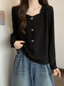 เสื้อยืดคอกว้างแขนยาวไซส์ใหญ่สำหรับผู้หญิง ทรงหลวม ทรงเข้ารูป สีดำ ปกติ ฤดูใบไม้ร่วง ฤดูหนาว เสื้อผ้าทำงานสไตล์เกาหลี