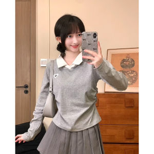 INS Style Heart Labeling Shoulder T-Shirt Female Korean Style Preppy Style Polo Collar Long Sleeves Gentle Sweet Girl Style Waist Trimming Short