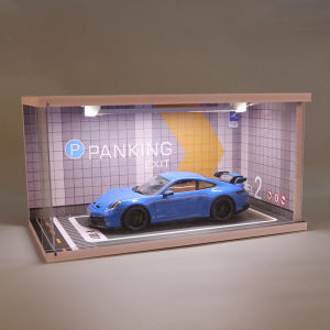 1:18 Car Model Artificial Solid Wood Parking Lot Garage with Light Scene Acrylic Dustproof Display Storage Cabinet