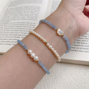 Natural Sea Blue Topaz Freshwater Pearl Bracelet 18K Gold Genuine Accents Versatile Stackable Mini Bead Bracelet Fashion Jewelry