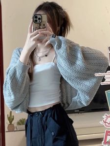 French Grey Knitted Open คาร์ดิเกน ผู้หญิง ฤดูร้อน Thin Hollow Out เสื้อท่อนบน Jacket ลำลอง Commute Style หลวม Fit Long Sleeve