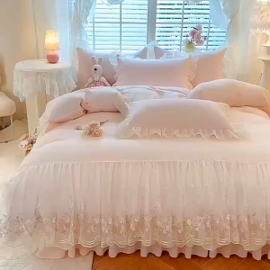 4PCS--Bedding Set Korean Princess Style Floral Lace Embroidery Cotton Bed Sheet With Skirt Set(1PC Duvet Cover + 1PC Flat Sheet + Pillowcases)