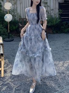 Elegant French Vintage Floral Print Chiffon Short Sleeve Dress Womens Summer Design High-End Bubble Sleeve Long Skirt