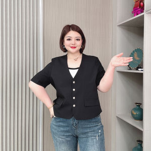 เสื้อแจ็คเก็ตสูทแขนสั้นทรงหลวมสบาย ๆ สำหรับผู้หญิงไซส์ใหญ่ ฤดูร้อน บาง กระชับสัดส่วน เสื้อเชิ้ตสีพื้น คอกลม ปกติ