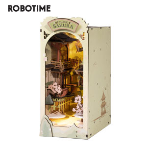Robotime Rolife Falling Sakur Book Nook DIY Dollhouse Bookend Model Kit with LED Light Wooden Puzzle for Bookshelf Decor - TGB05