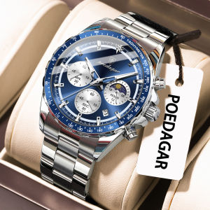 Đồng Hồ Nam POEDAGAR Thời Trang Máy Quartz Chống Nước Thép Không Gỉ Kim Dạ Quang Chức Năng Chronograph Hiển Thị Ngày Sang Trọng.