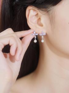 ZHOU LIU FU 周六福 S925 Sterling Silver Freshwater Pearl Earrings Drop with Purple Gemstone - Modern Chic Jewelry Gift for Women X0914443