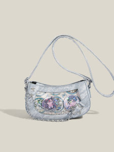 Urban Minimalist Style Single-Shoulder Crossbody Bag Womens Underarm Denim Satchel Cool Spliced Stitching Zipper Closure