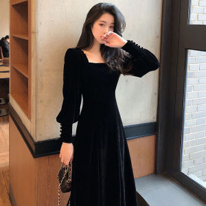 Elegant Black Velvet Base Layer Dress French Vintage Style Commute Korean Version Long Sleeve Mid-Length A-Line Skirt