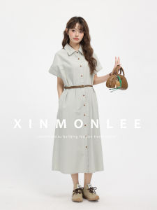 ชุดเดรสทำงานสไตล์ฝรั่งเศสแบบลำลองสำหรับฤดูร้อน กระโปรงยาวคลุมเข่าเอวยางยืดสำหรับผู้หญิง ชุดทำงานลำลอง ชุดเดรสยาวคลุมเข่า
