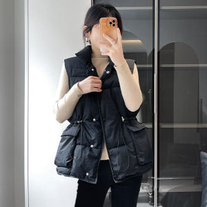 Womens down Cotton Vest Autumn Winter New Style Loose Fit Waist Cinched Korean Version Stand Collar Jacket Outerwear
