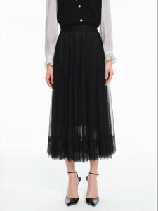 Koradior | Black Lace and Mesh Patchwork Midi Skirt