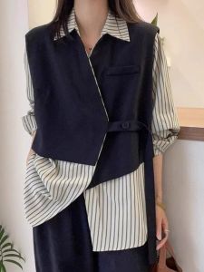 Plus Size Womens Clothing 150.00kg Fake Two-Piece Patchwork Stripes Shirt Plus Size Ladies Spring and Autumn Loose Youthful-Looking Temperament Shirt