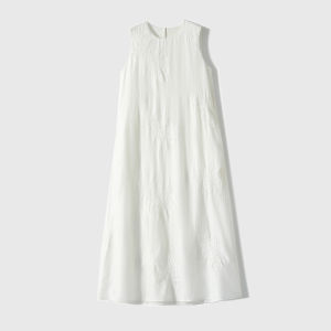 White Acetic Linen Embroidered Sleeveless Maxi Dress