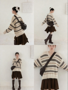 Cantonstory | Áo Sweater Len V-Neck Sọc Đối Chiếu Thời Trang Ấm Áp