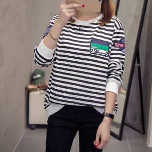 Plus Size Ladies plus Size Plus Size K-style Loose Bottoming Shirt Long Sleeves T-Shirt Womens Spring and Autumn Clothing 100.00kg Stripes Slim Looking Tops