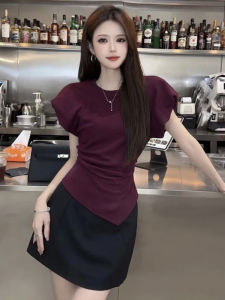 French round Neck Bubble Sleeve Asymmetrical Slimming T-Shirt Womens Summer New Style Design Sensation Age Reduction Top