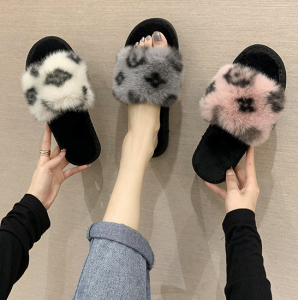 Womens Home Slippers Fall Winter New Style Plush Slip-On Flat Bottom Open Toe Cotton Slippers Anti-Slip Leather Splicing