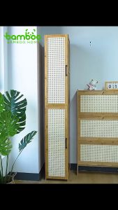 Bamboo Shoe Cabinet With Breathable Rattan Doors Multi-layer Design And Removable Shelves For Easy shoe Storage And Organization