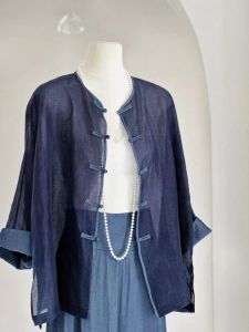 Blue Fashion Style Shirt Thin Stand Collar Button up New Chinese Zen Spirit National Trend Summer Thin Long Sleeve Shirt