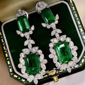 Huitan Gorgeous Geometric Green CZ Dangle Earrings for Women Full Bling Iced Out Wedding Engagement Accessories Fashion Jewelry