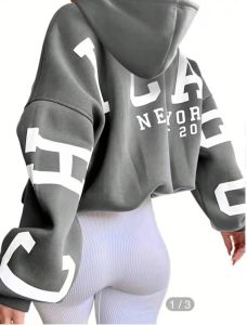 เสื้อฮู้ดพิมพ์ลายตัวอักษร Y2K สตรีทสไตล์ ทรงหลวม แขนยาว ปกติ ฤดูร้อน 2024 เสื้อฮู้ดคอตตอนผสมโพลีเอสเตอร์สำหรับผู้หญิง