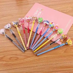 Pensil + Penghapus Karakter Kartun Lucu Motif Garis Polkadot 3D Fancy Unik Warna-Warni Untuk Souvenir Alat Tulis Sekolah TK SD Cartoon Pencil With Eraser avvet