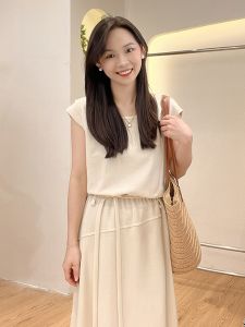 Váy Dài Tay Ngắn Màu Trơn Phong Cách Pháp Thường Ngày Thời Trang Mùa Hè Mới Đa Năng Thắt Eo Thon Gọn Cho Nữ Váy Chữ a