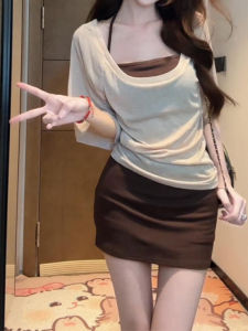 YUEZHONGWEI | Áo thun nữ tay ngắn cổ chữ U kiểu Pháp mùa hè thiết kế mỏng nhỏ gọn Áo thun cotton thường ngày cho thanh thiếu niên