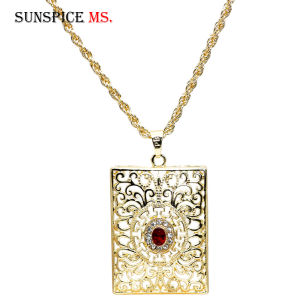 Arabic Square Pendant Necklace Muslim Women Arabesque Long Chain Necklace Gold Color Turks Bride Wedding Jewelry