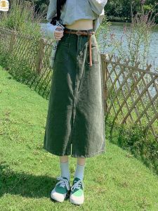 Retro Style Denim Long Skirt Womens High Waist Pockets Front Slit Pear Shape Body Versatile Autumn Korean Style Skirts