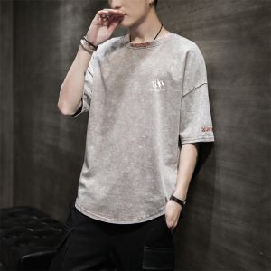 ROMON | Áo thun tay ngắn nam mùa hè mỏng phong cách Mỹ cổ tròn denim lụa băng tay áo cotton polyester spandex thời trang thành phố
