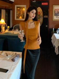 HUOLISI | Unique T-Shirt Mandarin Collar Flutter Sleeve Ice Silk Knit
