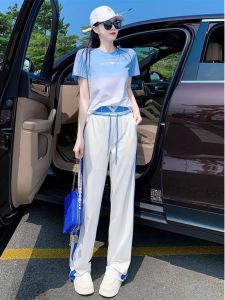 Fashionable Sportswear Set Summer Womens Loose Wide Leg Pants Two Piece Casual Slimming Outfit Cotton round Neck Short Sleeve