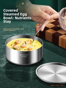 Large Capacity Stainless Steel 316 Egg Soup Bowl with Lid Home Use Steamed Egg Pudding Bowl round Shape Chinese Style Cooking Utensil