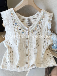 Bohemian Style Knitted Open Cardigan Vest Hollow out Small Flying Sleeve Summer Top Womens Fashion Guangzhou Thirteenth Factory