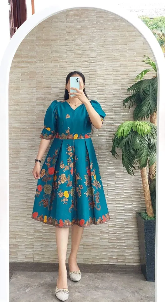 dress batik pesta elegan Promo DRESS PESTA DRESS BATIK MODERN COUPLE KEMEJA LENGAN PENDEM - Dress saloka, L di Wanna Store