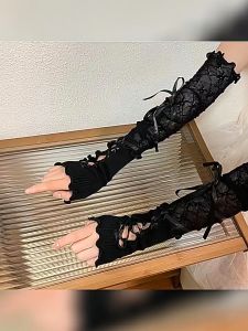 Sarung Tangan Rajut Jaring Wanita Sarung Tangan Hangat Sarung Tangan Tanpa Jari Sarung Tangan Robek Gaya Jepang Y2K Lolita